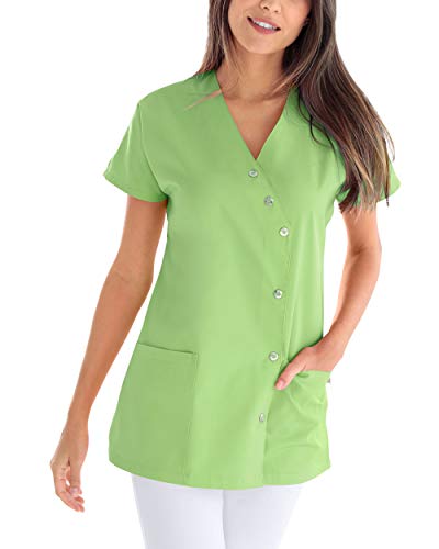CLINIC DRESS Kasack für Damen V-Ausschnitt Druckknopfleiste für Krankenpflege und Altenpflege 50% Baumwolle 95 Grad Wäsche apfelgrün 38