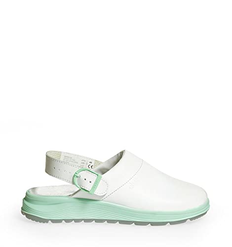 ABEBA 85081 - Unisex Schuhe - ACTIVE Clog SRC - Glattes Design - EU 36 - Weiß/ Grün - Futtermaterial: Stoff - Mit Schnallenverschluss