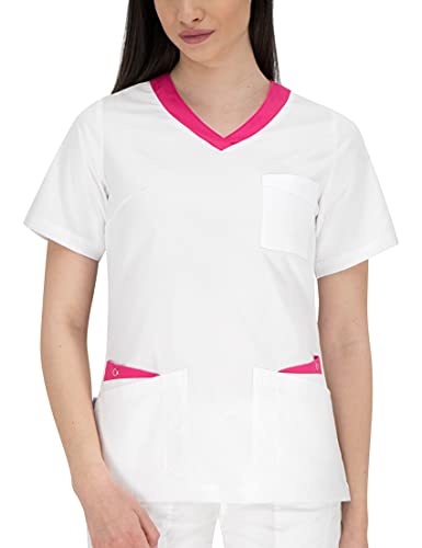 B-well Paola Kasack Damen Weiß V-Ausschnitt Schlupfkasack Kasack Damen Pflege Medizinische Berufsbekleidung (Weiß/Rosa, 40)