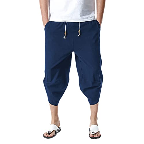 Leinenhose Herren 4XL Leinenhose Herren Sommer Schlupfhose Herren Medizin Männer Casual Sommer lose Kordelzug mittlere Taille Yoga Haremshose mit Taschen Heizbare Hose Herren (A08141-Navy, M)