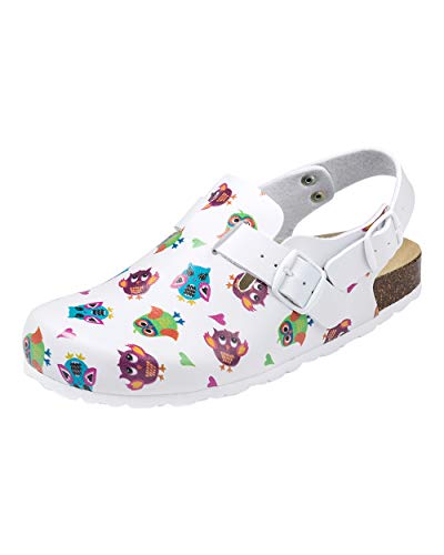 CLINIC DRESS Clog - Clogs Damen bunt weiß Motiv. Schuhe für Krankenschwestern, Ärzte oder Pflegekräfte bunt, Eule 39