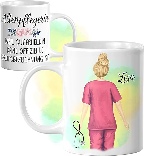 HELDENTASSEN Personalisierte Altenpflegerin Tasse, individuelles und persönliches Geschenk für Kolleginnen und Freundinnen, Kaffeetasse | Teetasse mit Namen und Spruch, Keramiktasse 330 ml