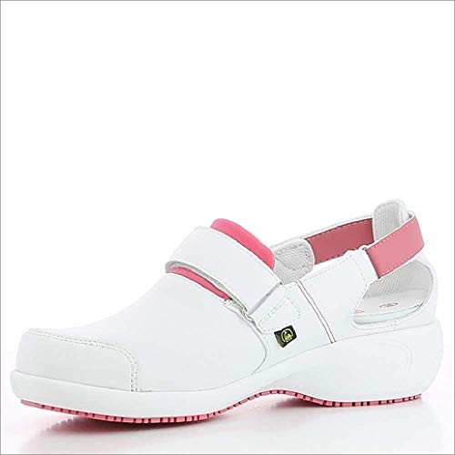 Oxypas Arbetsschuhe aus Leder - Salma - Sicherheitsclog für Damen, rutschfeste und Bequeme Schuhe ideal Fûr Krankenhaus und Pflege, Weiss Rosa, 38 EU