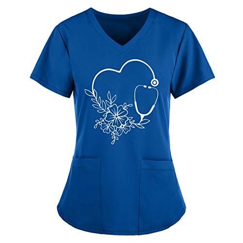 BBVP Krankenhaus Schlupfhemd Bluse Kurzarm V-Ausschnitt Kasack Damen Pflege Liebe Motiv Bunt Arzt Uniform Berufsbekleidung Krankenschwester Kleidung Damen Pflege Kasack Plus Size Nurse Uniformen, 3XL