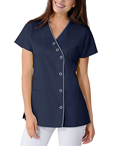 CLINIC DRESS Kasack für Damen Fledermausarm V-Ausschnitt Brusttasche 50% Baumwolle 60° Navy/grau 38