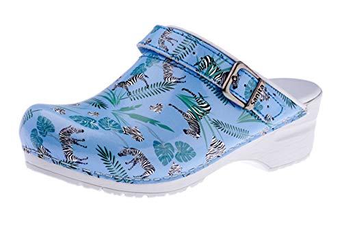 Sanita Animal Zebra offener Clog | Original handgemacht | Flexible Leder-Clogs für Damen | Anatomisch geformtes Fußbett mit weichem Schaum | Verstellbarer Fersenriemen | Hellblau | 38