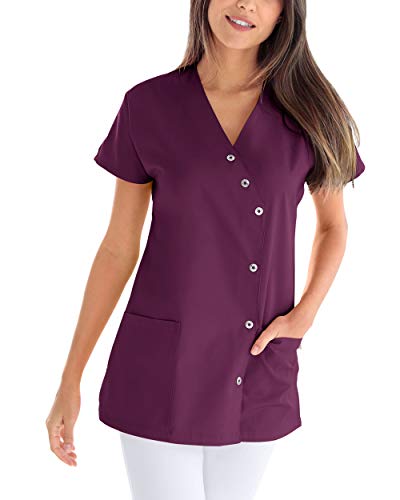 CLINIC DRESS Kasack für Damen V-Ausschnitt Druckknopfleiste für Krankenpflege und Altenpflege 50% Baumwolle 95 Grad Wäsche Pflaume 38