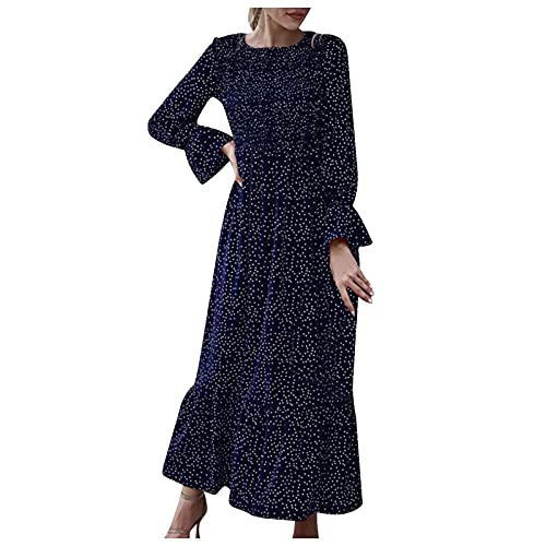 NHNKB Kleid Damen Elegant Lang Polka Dot Kleider Damen Kleid Mit Blumenmuster Damen Elegant Damenkleid Langarm rundes Ausschnitt Kleider Persönlichkeit Bedruckte Knielang Damenlockere