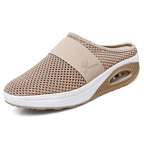 DIQUEQI Clogs Damen Luftkissen Slip-On - Orthopädische Diabetiker Wanderschuhe,Damen Mule Sneakers,Atmungsaktiv mit Fußgewölbestütze Strick Freizeitschuhe,Orthopädische Schuhe Damen,Khaki,39 EU