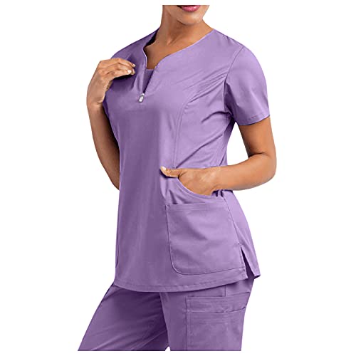 Pflegebekleidung Set Damen Kasack Einfarbig KurzäRmel - Pflege Oberteile V-Ausschnitt Kasack Arbeitskleidung mit Brusttaschen Stretch Pflege - Hose mit Gummizug Medizin Kleidung Set mit Taschen