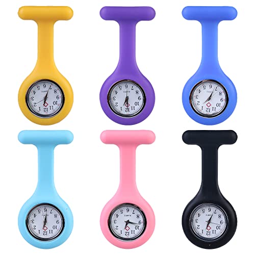 Sporgo 6 Stück Krankenschwester Uhr: Schwesternuhr Ansteck Taschenuhr Uhr Schwesternbrosche, Mehrfarbige Krankenschwesteruhren aus Silikon, 6 Farben Schwesternuhr Ansteckuhr Fob Quarzwerk (1)
