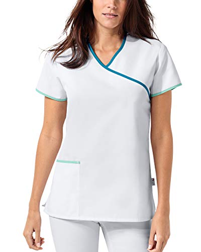 CLINIC DRESS Schlupfkasack Damen Schlupfkasack mit farbigem Besatz und Seitenschlitzen 1/2 Arm 60 Grad Wäsche weiß/Petrol/Aqua Green S