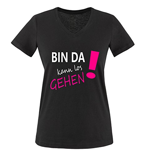 Comedy Shirts - Bin da kann los gehen! - Damen V-Neck T-Shirt - Schwarz/Weiss-Pink Gr. L