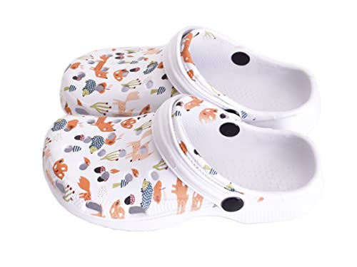 meindekoartikel Gartenschuhe Freizeitschuhe Hausschuhe mit Motiv aus Kunststoff (Weiss/Waldtiere, eu_Footwear_Size_System, Big_Kid, Numeric, medium, Numeric_33)