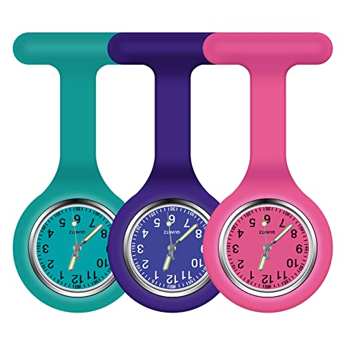 Vicloon Krankenschwester Uhren,3 Pcs Schwesternuhren mit Clip, Dehnbare Silikon Hülle, um Bruch zu Verhindern, Glow Pointer, Quarzwerk, Ansteckuhr für Krankenschwestern und Ärzte