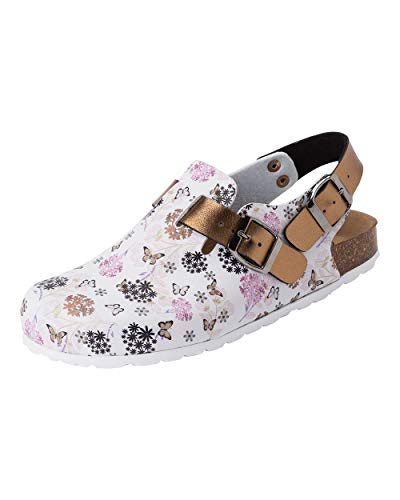 CLINIC DRESS Clog - Clogs Damen bunt weiß Motiv. Schuhe für Krankenschwestern, Ärzte oder Pflegekräfte weiß/Kupfer/Rose, Blumen und Schmetterlinge 40