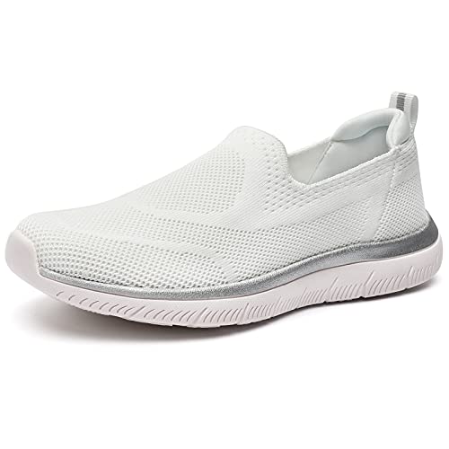 HKR Damen Sneaker Atmungsaktiv Turnschuhe Sportschuhe Leichte Walkingschuhe Halbschuhe Gesundheitsschuhe Slip on Schuhe Sommer Weiss 40 EU