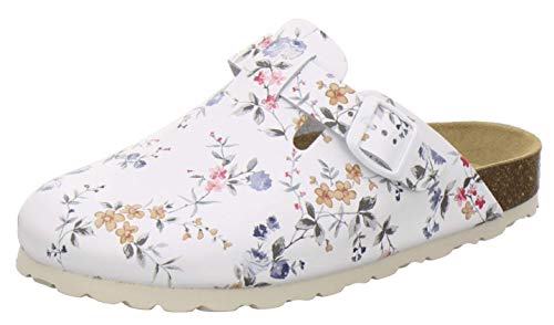 AFS-Schuhe 2900 Clogs Damen Bequeme Hausschuhe mit Fußbett aus Leder Made in Germany (39 EU, Weiss-Flower)