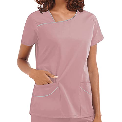 Graceyo Pflege Kleidung Damen Krankenhaus Schlupfhemd Einfarbig Medizinische Arbeitsuniform Kurzarm Shirt Bluse Blusenshirt Berufskleidung Pflegebekleidung Schlupfkasack Damenkasack,XXL,Rosa