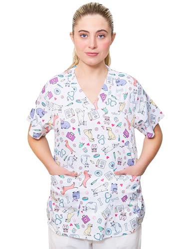 Nurse Is Love Kasacks Damen Pflege WHITE-ANIMALS | Kasak für Krankenschwestern & Arzt - Scrubs | Medizinische Berufsbekleidung mit Taschen für Verbandschere & Arzt Zubehör | Ideal für Geschenke