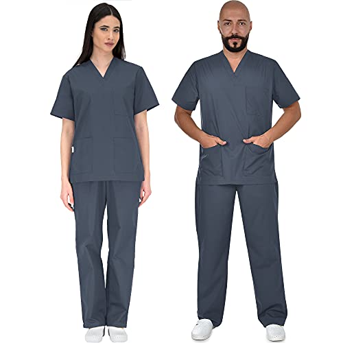 B-well Colombo Unisex-Schrubb-Set Schlupfkasack + Schlupfhose Set Medizin Arzt Uniform Schlupfjacke Oberteil mit Hose Medizinische Berufsbekleidung (XL, Graphitgrau)