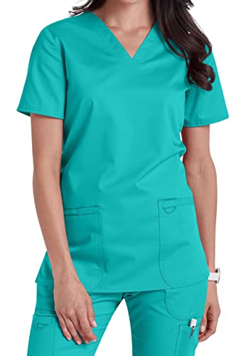 V-Neck Top with Badge Loop (S, Teal-1)