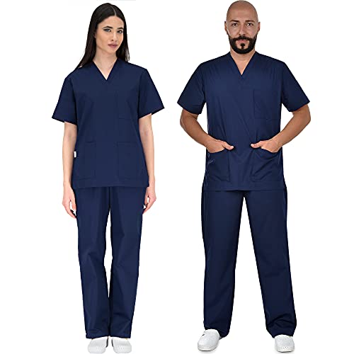 B-well Colombo Unisex-Schrubb-Set Schlupfkasack + Schlupfhose Set Medizin Arzt Uniform Schlupfjacke Oberteil mit Hose Medizinische Berufsbekleidung (L, Blau)