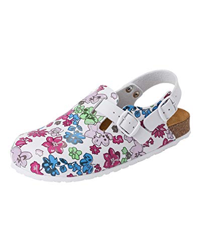 CLINIC DRESS Clog - Clogs Damen bunt weiß Motiv. Schuhe für Krankenschwestern, Ärzte oder Pflegekräfte bunt, Blüten 37
