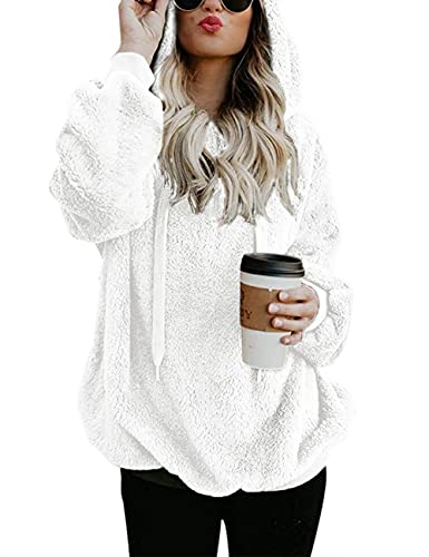 iWoo Hoodie Pullover Teddyfleece Jacke Damen Winter Lose Warm Kapuzenpullover Baumwolle Einfarbig Fleecejacke(Weiß,XXL)