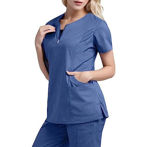 OUMSHBI Pflegebekleidung Damen Kasack Einfarbig Kurzärmel - Pflege Oberteile V-Ausschnitt Kasack Arbeitskleidung Pflege Kostüm Bequeme Medizin Kleidung Set mit Taschen Schlupfkasack Damen Pflege