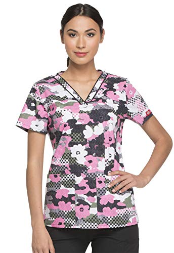 Dickies EDS Damen Scrubs Top V-Ausschnitt DK709, XS, Peek A Blooms