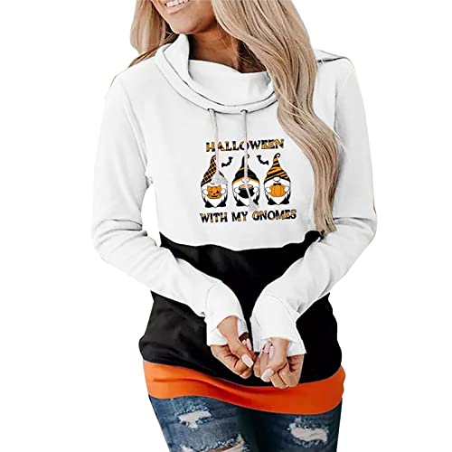 NHNKB Halloween Hoodie Damen ​Patchwork Oberteil Damen Oversize Halloween-Hoodie-Pullover für Damen, lustiger Grafikdruck, Rundhalsausschnitt, Langarm-Sweatshirt Damen Pullover Cardigan (White, M)