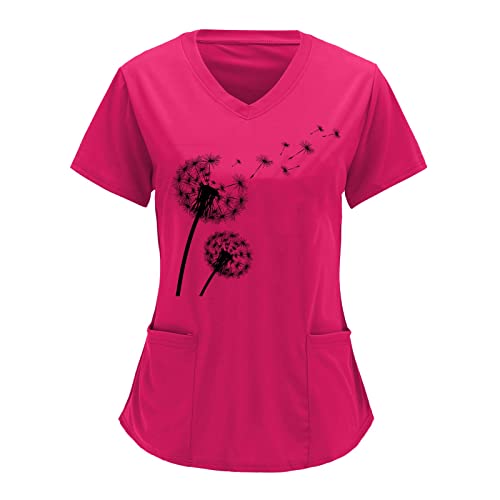Snakell Kasack Damen Pflege Schlupfkasack Kurzarm V-Ausschnitt Kasack Bluse Oberteile Bunt Berufsbekleidung Krankenschwester mit Taschen Blusenhemd Schlupfhemd Nurses Uniformen (Hot Pink-1, L)