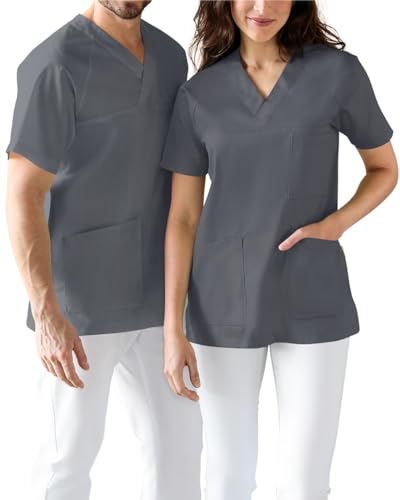 CLINIC DRESS Schlupfkasack der Kasack-Kasack V-Ausschnitt für Damen und Herren für Krankenpflege und Altenpflege 50% Baumwolle 95 Grad Wäsche 73 cm lang steingrau L