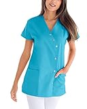 CLINIC DRESS Kasack für Damen V-Ausschnitt Druckknopfleiste für Krankenpflege und Altenpflege 50% Baumwolle 95 Grad Wäsche türkis 44