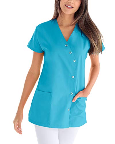 CLINIC DRESS Kasack für Damen V-Ausschnitt Druckknopfleiste für Krankenpflege und Altenpflege 50% Baumwolle 95 Grad Wäsche türkis 34