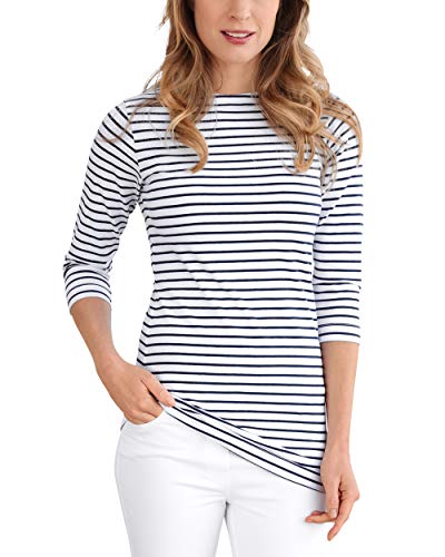 CLINIC DRESS Longshirt Damen - Ringelshirt 3/4 Arm Stretch mit 95% Baumwolle, für Krankenschwestern, Ärztinnen und Pflegepersonal weiß/Navy XL