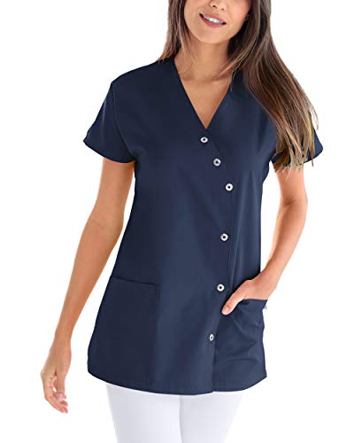 CLINIC DRESS Kasack für Damen V-Ausschnitt Druckknopfleiste für Krankenpflege und Altenpflege 50% Baumwolle 95 Grad Wäsche Navy 38