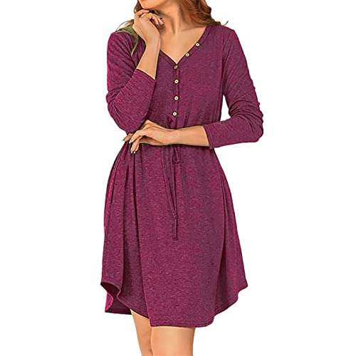 NHNKB Kleid Herbst Damen Elegant Kleid Damen Mit Knöpfen Kleid V Ausschnitt Damen Elegant Frauen Herbst Mode Kleid Einfarbig Freizeitkleid Tunika Knielanges Elegantes Kleid Schwarzes Kleid