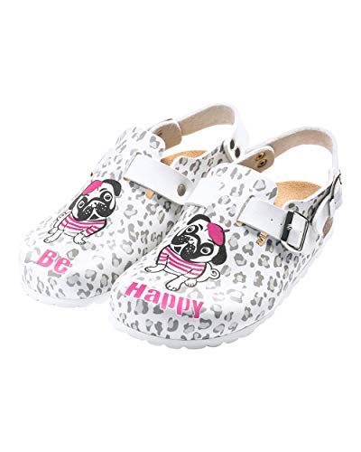 CLINIC DRESS Clog - Clogs Damen bunt weiß Motiv Lama oder Hund. Schuhe für Krankenschwestern, Ärzte oder Pflegekräfte weiß/grau/pink, Hund 37