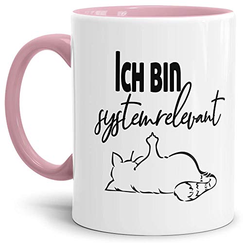 Tasse mit Spruch - Systemrelevant - Katze - Kaffee-Tasse/Arbeit/Job/Lustig/Erinnerung Krise Virus 2020 - Innen & Henkel Rosa