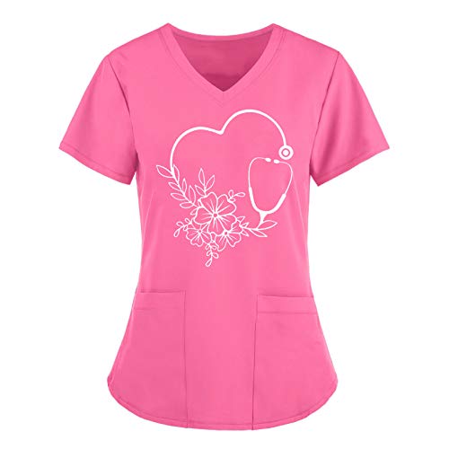 BBVP Krankenhaus Schlupfhemd Bluse Kurzarm V-Ausschnitt Kasack Damen Pflege Liebe Motiv Bunt Arzt Uniform Berufsbekleidung Krankenschwester Kleidung Plus Size Nurse Uniformen, A-rosa, L