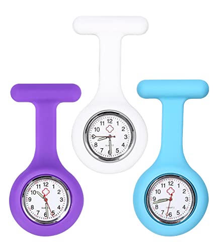 3 Pcs Schwesternuhren mit Clip, Krankenschwester Uhr mit Pin/Clip, Glow Pointer im Dunkeln, Schwesternuhr Ansteckuhr Fob, Ansteckuhr Dehnbare Silikon Hülle, Silikonband ,Analog-Digital,Quarzwerk