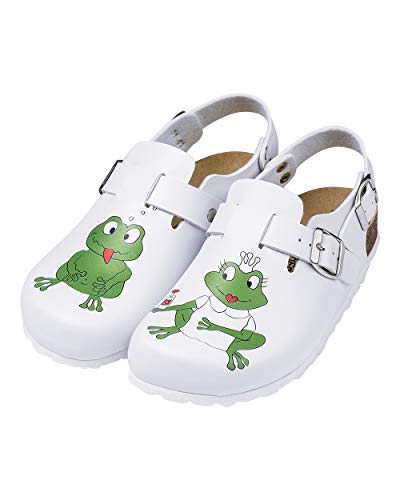 CLINIC DRESS Clog Clogs Damen mit Frosch-Motiv. Lustige Schuhe für Pflegekräfte, Ärzt:innen oder Krankenschwestern weiß, Frosch 36
