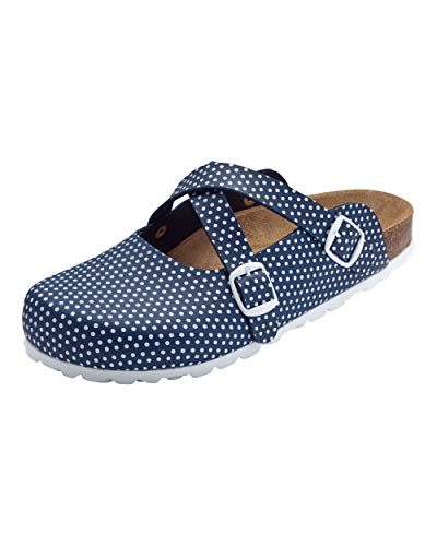 CLINIC DRESS Clog - Clogs Damen bunt. Schuhe für Krankenschwestern, Ärzte oder Pflegekräfte Navy/weiß, gepunktet, Polka Dots 38