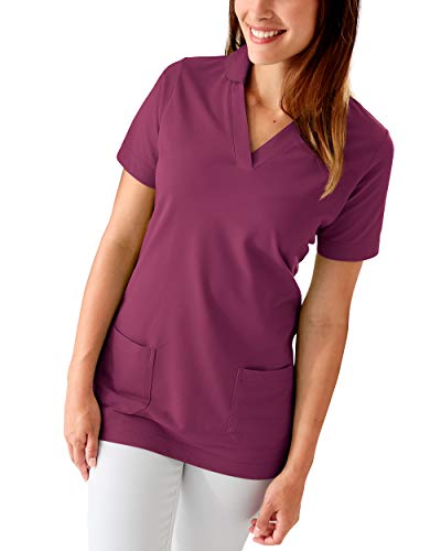 CLINIC DRESS Longshirt Damen Shirt | 60% Baumwolle | V-Ausschnitt mit Kragen | 60 Grad Wäsche | Länge ca. 71 cm | Berry 38/40
