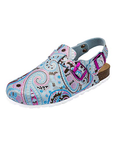 CLINIC DRESS Clog - Clogs Damen mit Motiv. Schuhe für die Pflege, Krankenhaus, Ärzte und Ärztinnen bunt/blau, grafisches Muster, Paisley 39