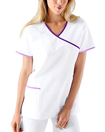 CLINIC DRESS Schlupfkasack Damen Schlupfkasack mit farbigem Besatz und Seitenschlitzen 1/2 Arm 60 Grad Wäsche weiß/lila/Flieder 4XL