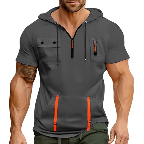Herren Kurzarm Hoodie mit Kordelzug Casual Sommer Kurz Kapuzenpullover Personalisierte Tasche Kapuzenshirt Freizeit Sportshirt Leichte Sommershirt Hip Hop Sweatshirt T-Shirt(Dark Gray,L)