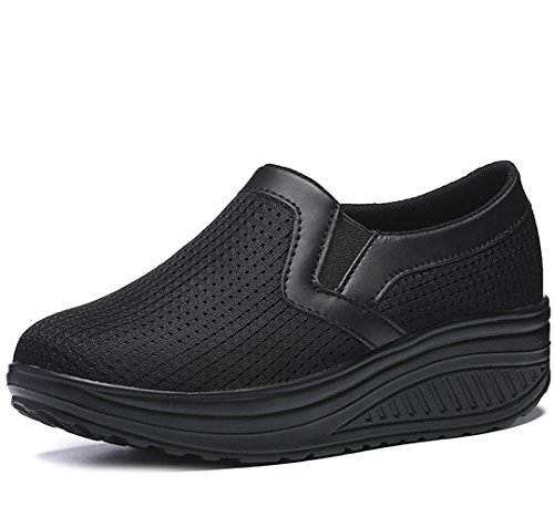 Solshine Damen Mesh Leichte Slip On Plateau Sportliche Walkingschuhe P218 Schwarz 38EU